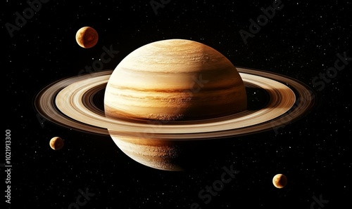 saturn planets in deep space with rings and moons surrounded. isolated on black background