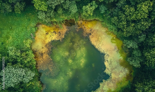 Overgrown mineralized river landscape, drone image