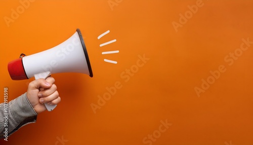 Hand holding A megaphone announces sales and discounts, on a vibrant orange background. Marketing banner