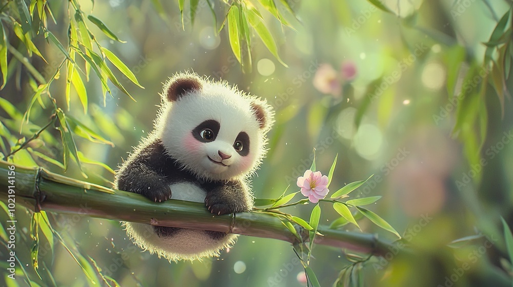 Fototapeta premium a panda bear perched atop a bamboo branch, holding a flower in its mouth, with a focused background