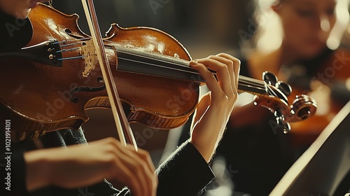 A close-up of hands playing a violin, showcasing the artistry and skill of musicians in a classical setting.