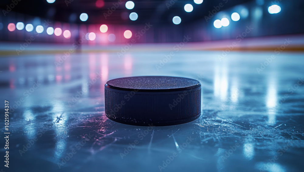 Black hockey puck is sitting on the empty ice rink surface of a large stadium with bright lights
