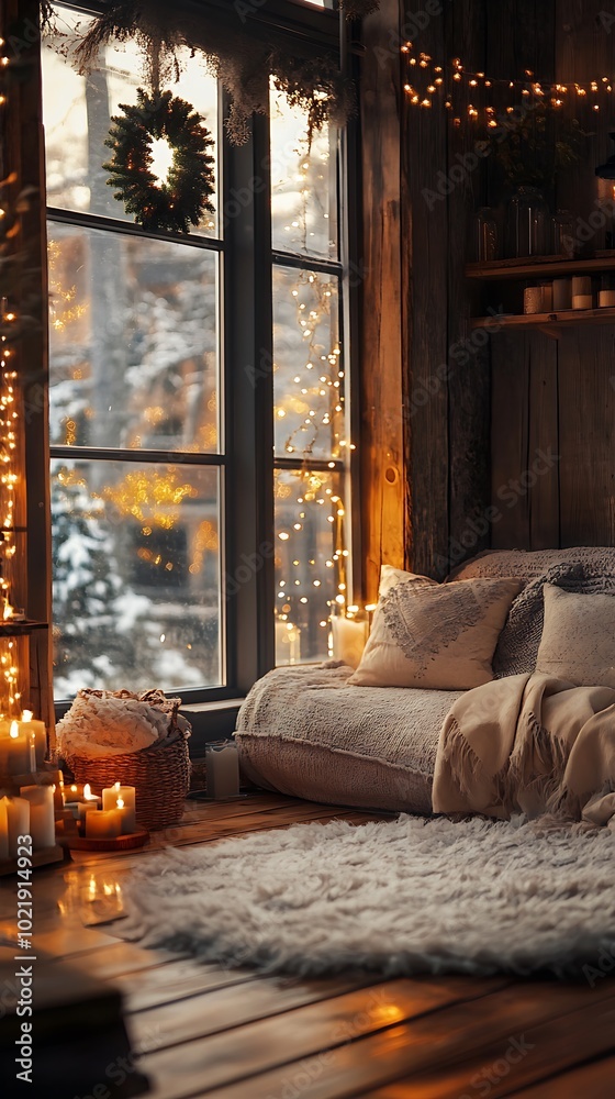 Obraz premium Cozy living room interior with a sofa, candles, string lights, and a view of a snowy winter landscape through a window