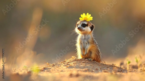   A tiny meerkat wearing a sunny bloom atop a mound of soil