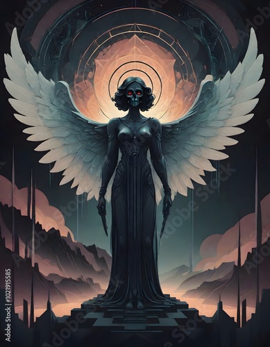 A celestial figure with large wings and a glowing halo, floating in a cosmic space with swirling colorful nebulae and stars, appearing as an angelic being illuminated by ethereal light, Generative AI.