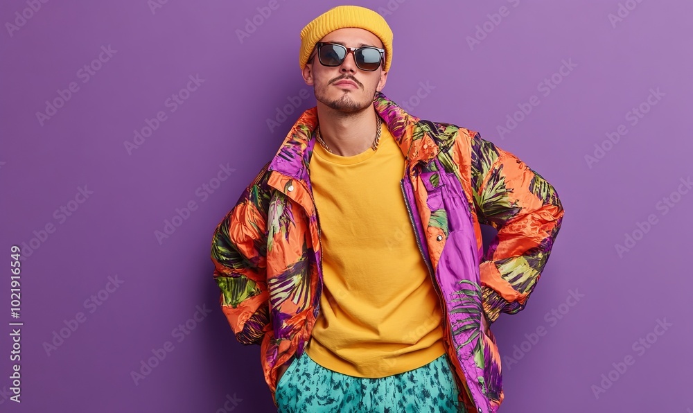 pretty young male hold empty space wear trendy colorful outfit isolated on violet color background pretty young male hold empty space wear trendy colorful outfit isolated on violet color background