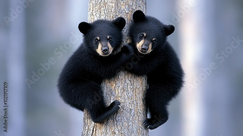 Two adorable black bear cubs are climbing a tree, curiously peeking around the trunk. This charming moment showcases their playful nature in a serene forest setting