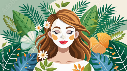 Young beautiful woman in face mask of therapeutic white mud and tropical leaves. Spa treatment, self care and healthy skin. Copy space, white background.Woman relaxing with a charcoal facial 