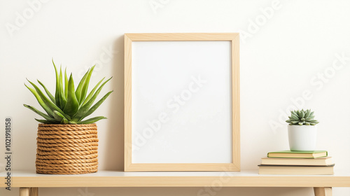 This Scandinavian-style shelf setup highlights a light wooden frame in the center, perfect for showcasing a mockup design. The surrounding decor includes a potted plant in a rustic