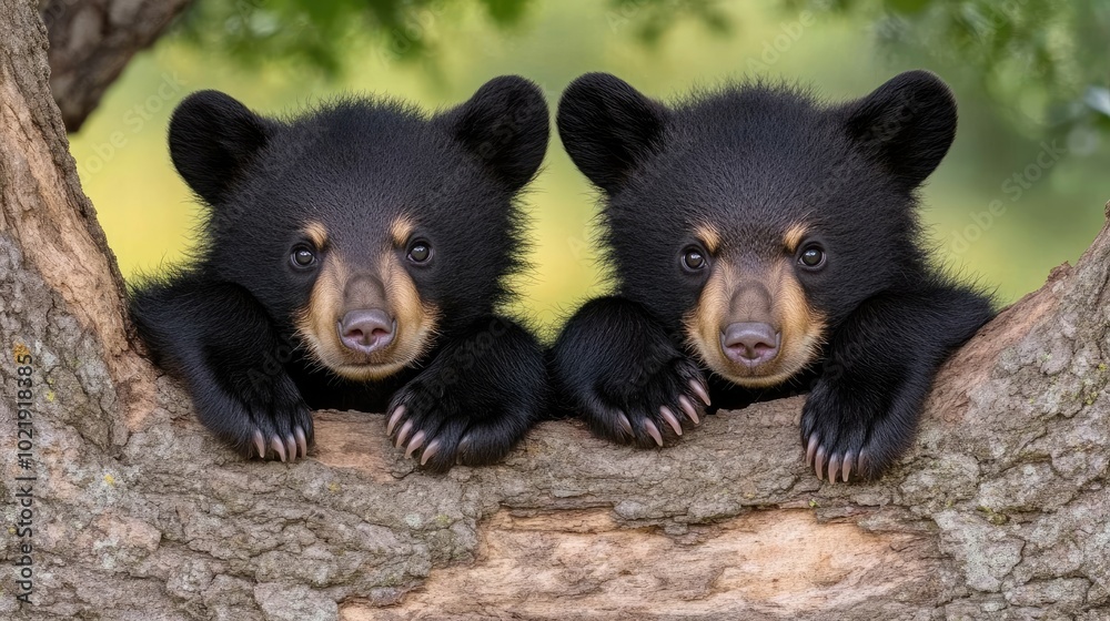 Two adorable black bear cubs are climbing a tree, curiously peeking around the trunk. This charming moment showcases their playful nature in a serene forest setting Two adorable black bear cubs are climbing a tree, curiously peeking around the trunk. This charming moment showcases their playful nature in a serene forest setting
