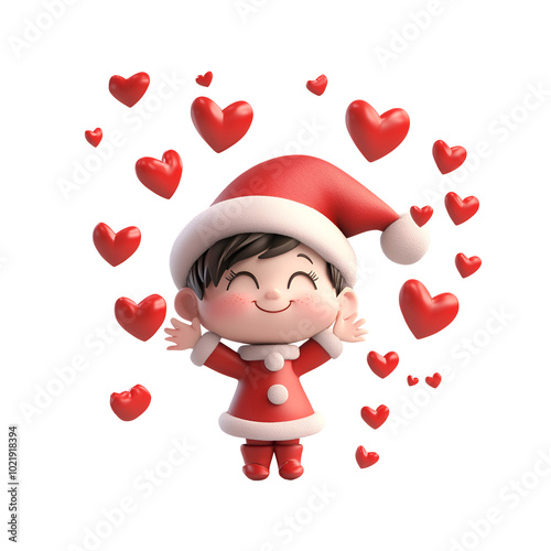 Elf Surrounded by 3D Red Hearts, Christmas Cartoon Character Render Illustration, Isolated on Transparent Background, PNG