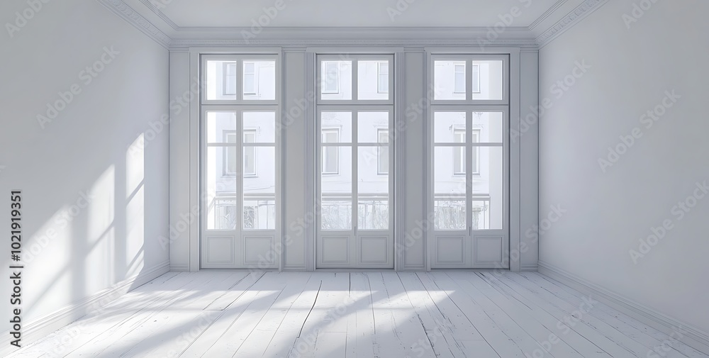 Fototapeta premium Empty Room with Sunlight Streaming through French Doors