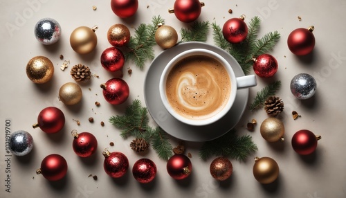 Cozy holiday coffee surrounded by festive decorations of red, gold, and green captures the spirit of winter joy photo