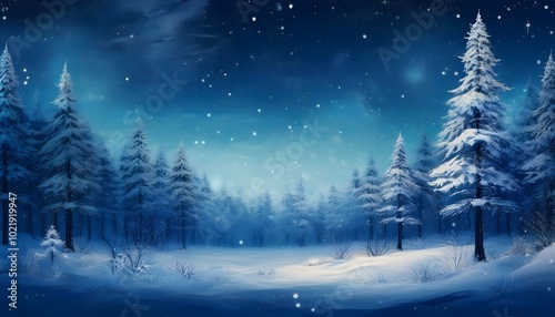 Winter night landscape. snowy forest, horizontal photo with copy space, Christmas Background, banner