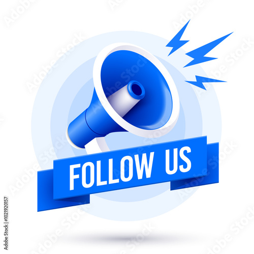Megaphone Icon And Ribbon With Text Follow Us