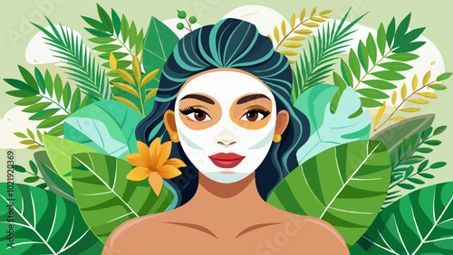 Young beautiful woman in face mask of therapeutic white mud and tropical leaves. Spa treatment, self care and healthy skin. Copy space, white background.Woman relaxing with a charcoal facial 