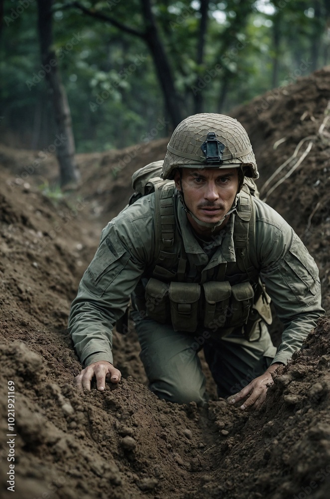 A reconnaissance soldier navigates through a muddy trench in a forested area, displaying determination and focus during the mission. A reconnaissance soldier navigates through a muddy trench in a forested area, displaying determination and focus during the mission.