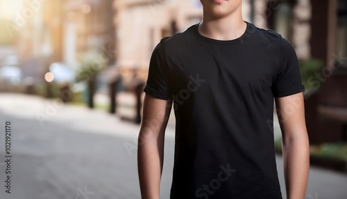 Young Man Shirt Mockup, Boy wearing a black t-shirt on the street in daylight, Shirt Mockup Template