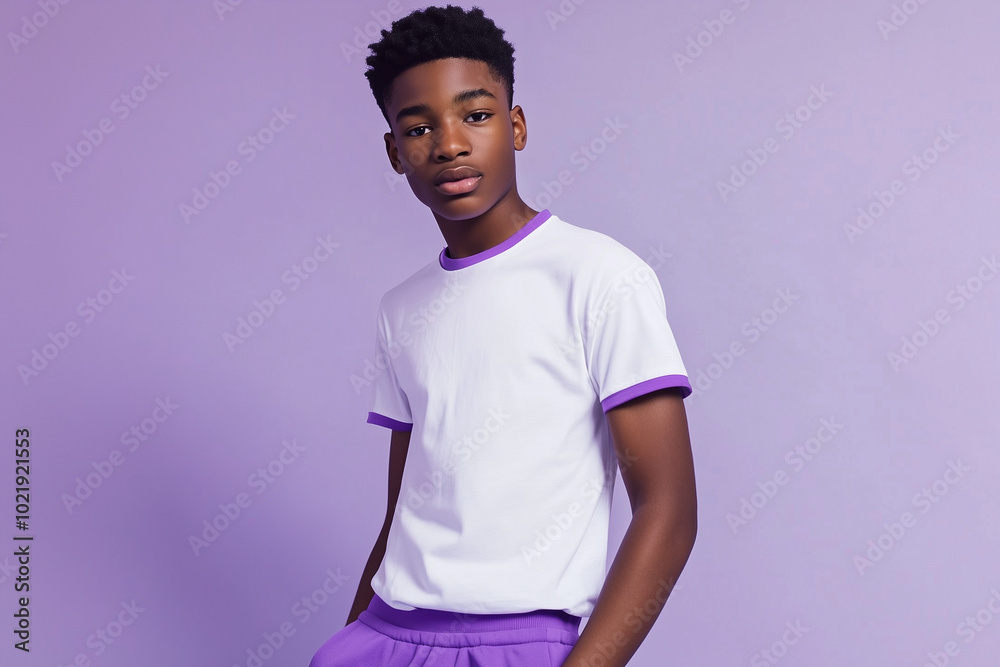 Obraz premium Person in white t-shirt with purple edges and purple sweatpants, purple studio background, half-body portrait