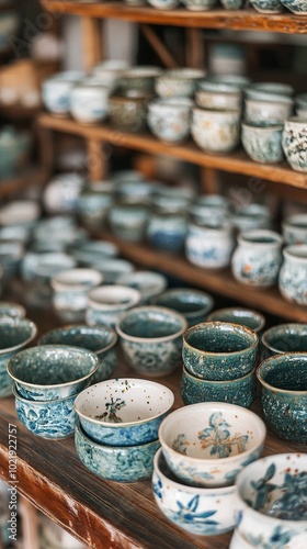 Artisanal ceramic bowls and cups with intricate blue patterns fill wooden shelves, showcasing a rich collection of handcrafted pottery in a cozy shop setting.