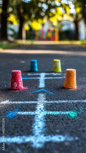 Colorful chalk-drawn hopscotch game on asphalt playground with vibrant cups marking squares, blurred playground equipment in background on sunny day. photo