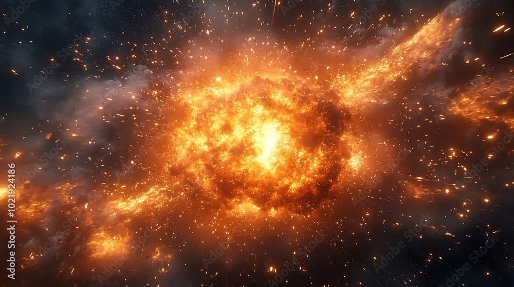 Fiery Explosion in Space with Sparks and Smoke Fiery Explosion in Space with Sparks and Smoke