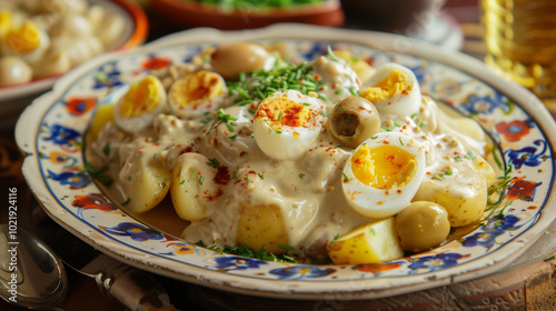 A vibrant plate of Papa a la Huancaina featuring sliced potatoes draped in a creamy yellow sauce, garnished with olives and boiled eggs, ideal for showcasing Peruvian cuisine.