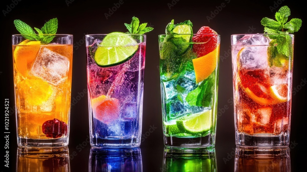 Colorful refreshing cocktails with citrus and mint in glasses on black background Colorful refreshing cocktails with citrus and mint in glasses on black background