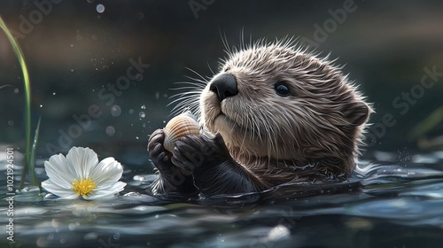   A sharp focus of a sea otter in the water with a clear flower in its mouth and a soft background blur