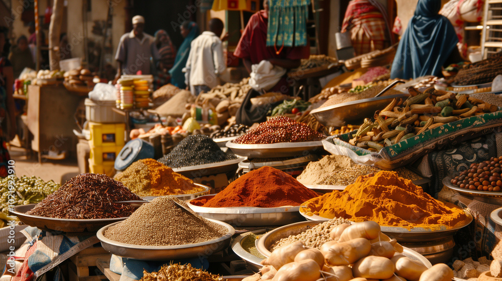 Dive into the bustling atmosphere of an Ethiopian street market, showcasing an array of spices, fresh fruits, and vegetables that highlight the region's rich culinary traditions. Dive into the bustling atmosphere of an Ethiopian street market, showcasing an array of spices, fresh fruits, and vegetables that highlight the region's rich culinary traditions.