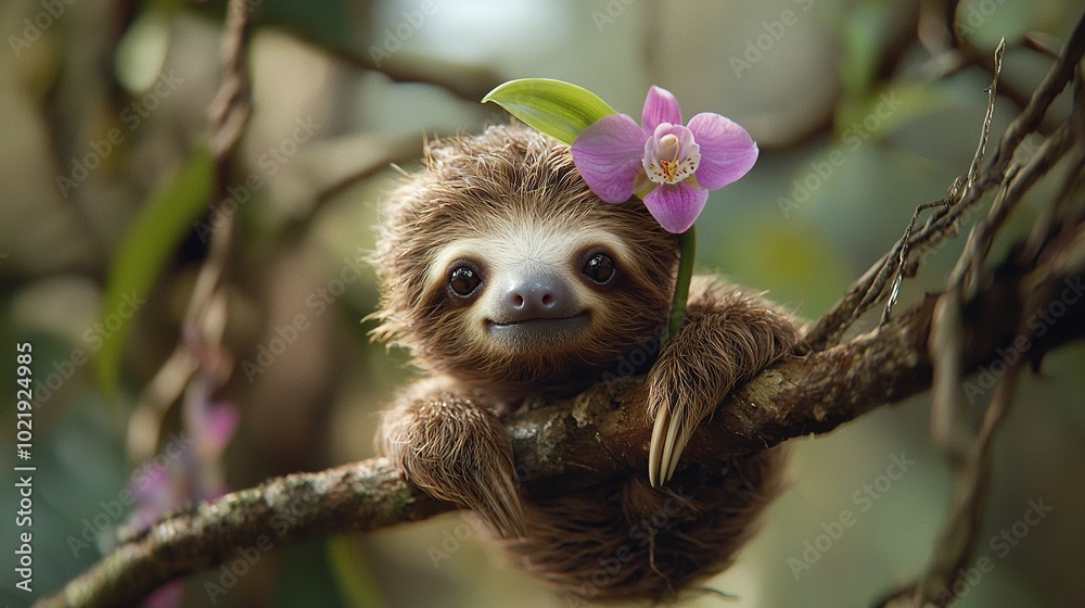 Fototapeta premium A baby sloth adorned with a pink flower atop a treetop branch, surrounded by a hazy background