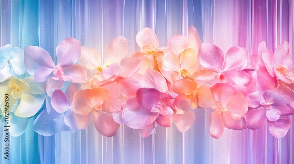 Obraz premium Vibrant orchid blossoms against colorful striped background