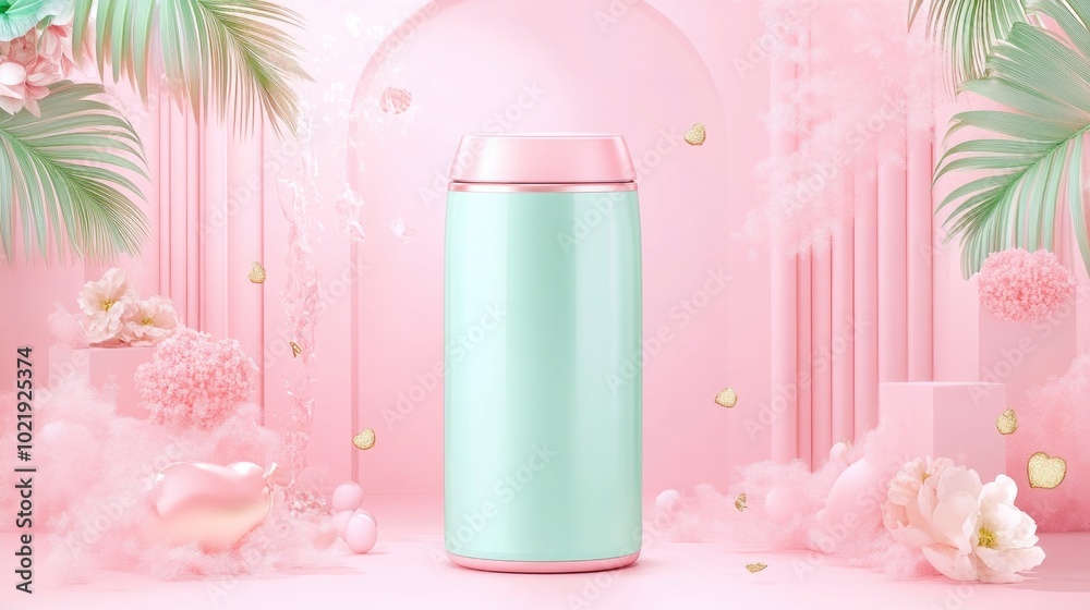Elegant pastel thermos in dreamy pink paradise with botanical accents Elegant pastel thermos in dreamy pink paradise with botanical accents