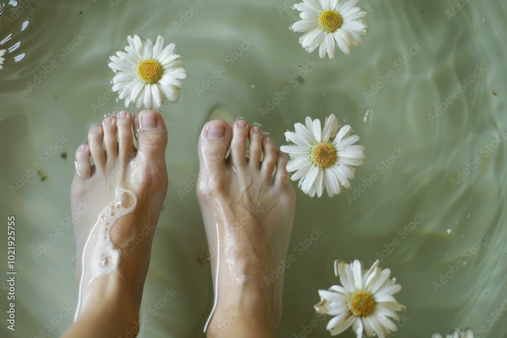 Woman enjoying a relaxing spa treatment with her feet in chamomile water Woman enjoying a relaxing spa treatment with her feet in chamomile water