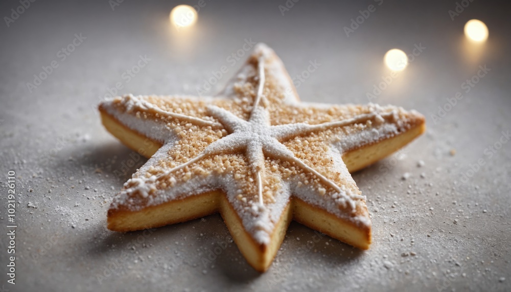 A beautifully decorated star-shaped cookie dusted with powdered sugar, perfect for festive celebrations during the winter season A beautifully decorated star-shaped cookie dusted with powdered sugar, perfect for festive celebrations during the winter season