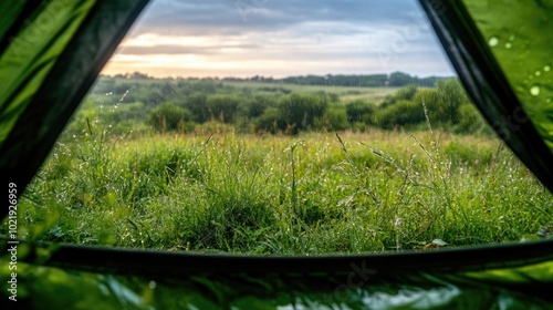 Serene morning view from tent overlooking lush green field and sunrise photo