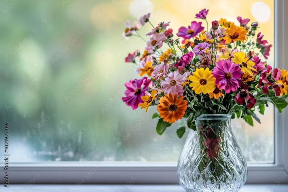 A vibrant bouquet of flowers in a vase, placed on a windowsill with natural light. 