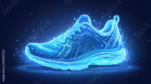 Futuristic neon blue glowing sneaker with sparks and energy effect on dark background