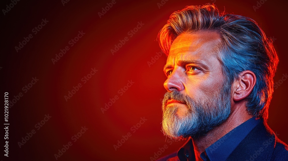 Dramatic portrait of mature man in vibrant red and blue lighting