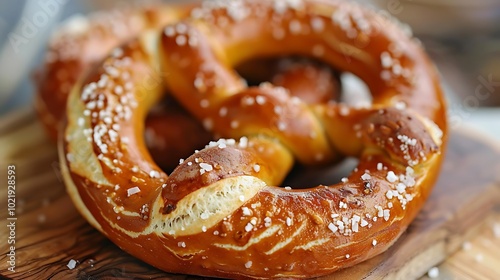 A traditional German pretzel, salted and twisted, resting on a wooden board.