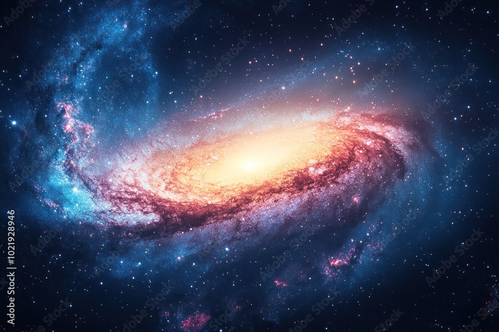 Fototapeta premium A swirling galaxy with a bright core, surrounded by a vast expanse of stars and dust.