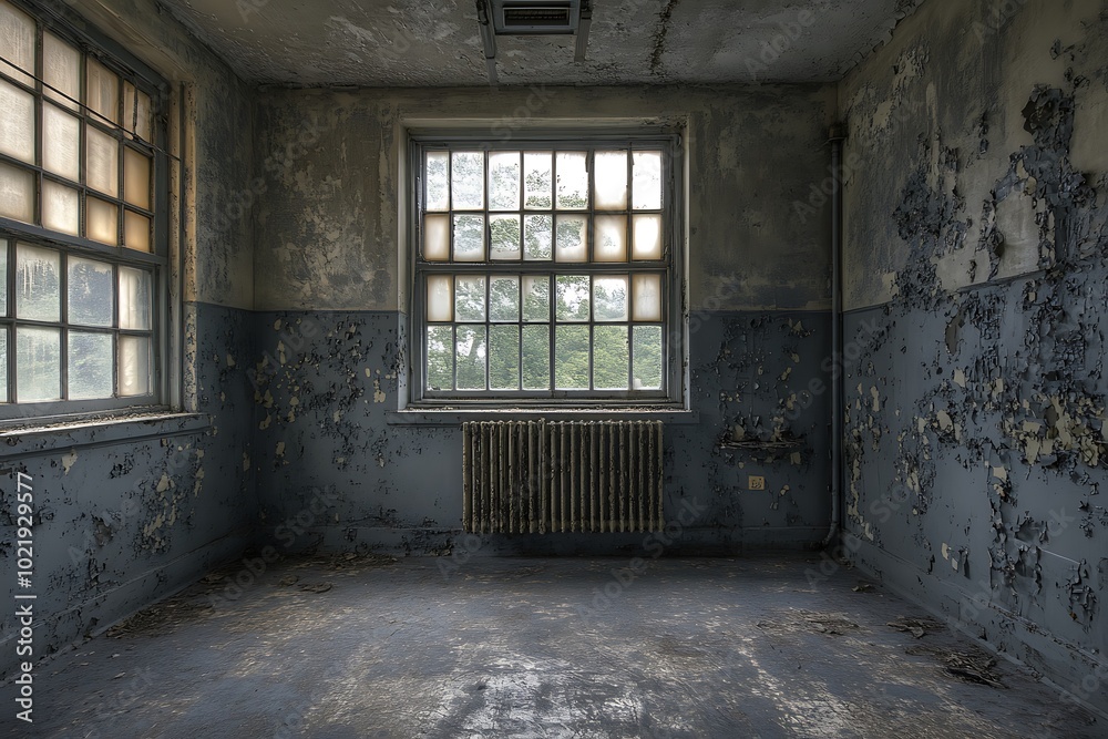 Abandoned Room with Peeling Paint, Dusty Windows and a Radiator Abandoned Room with Peeling Paint, Dusty Windows and a Radiator