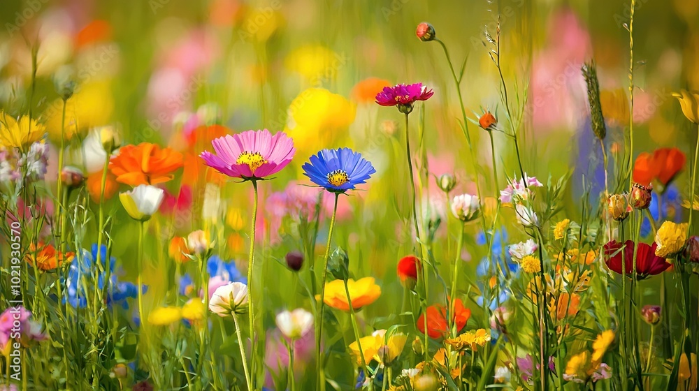  A field filled with colorful wildflowers, with a butterfly perched atop in the foreground