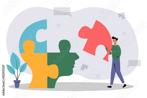 A person assembling puzzle pieces representing mental health in a creative workspace