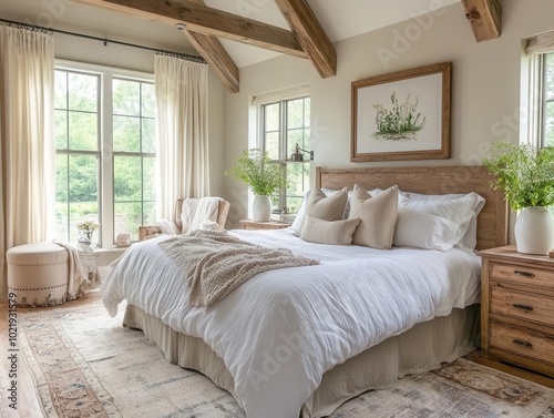 serene farmhouse bedroom bathed in soft, natural light. neutral tones, rustic wood elements, and airy textiles create a cozy yet elegant country retreat atmosphere.