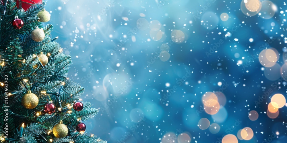 Fototapeta premium Step into the magical atmosphere of a Christmas tree enveloped by snowfall and twinkling lights, creating a festive spirit filled with joy and celebration during the winter season
