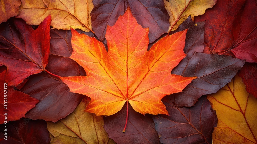 A vibrant orange maple leaf sits in a pile of colorful autumn leaves. A vibrant orange maple leaf sits in a pile of colorful autumn leaves.