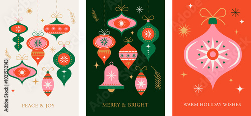 Christmas cards in modern minimalist geometric style. Merry Christmas colorful illustration in flat cartoon style. Xmas backgrounds with geometrical patterns, stars