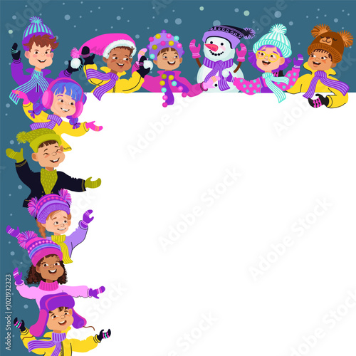 Happy kids in bright winter clothes and a snowman. Greeting card or poster template. Cheerful cartoon children and a place for your text. Vector flat illustration.