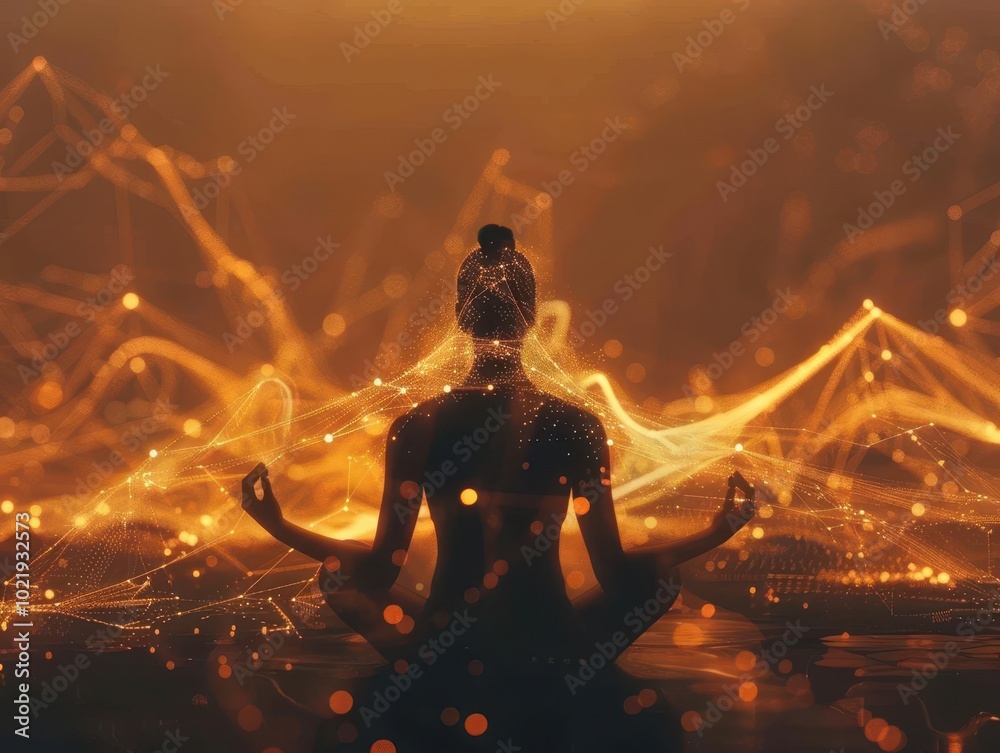serene woman in lotus position, ethereal energy streams connecting her to cosmic symbols. soft glow surrounding figure, abstract background suggesting higher planes of consciousness. serene woman in lotus position, ethereal energy streams connecting her to cosmic symbols. soft glow surrounding figure, abstract background suggesting higher planes of consciousness.